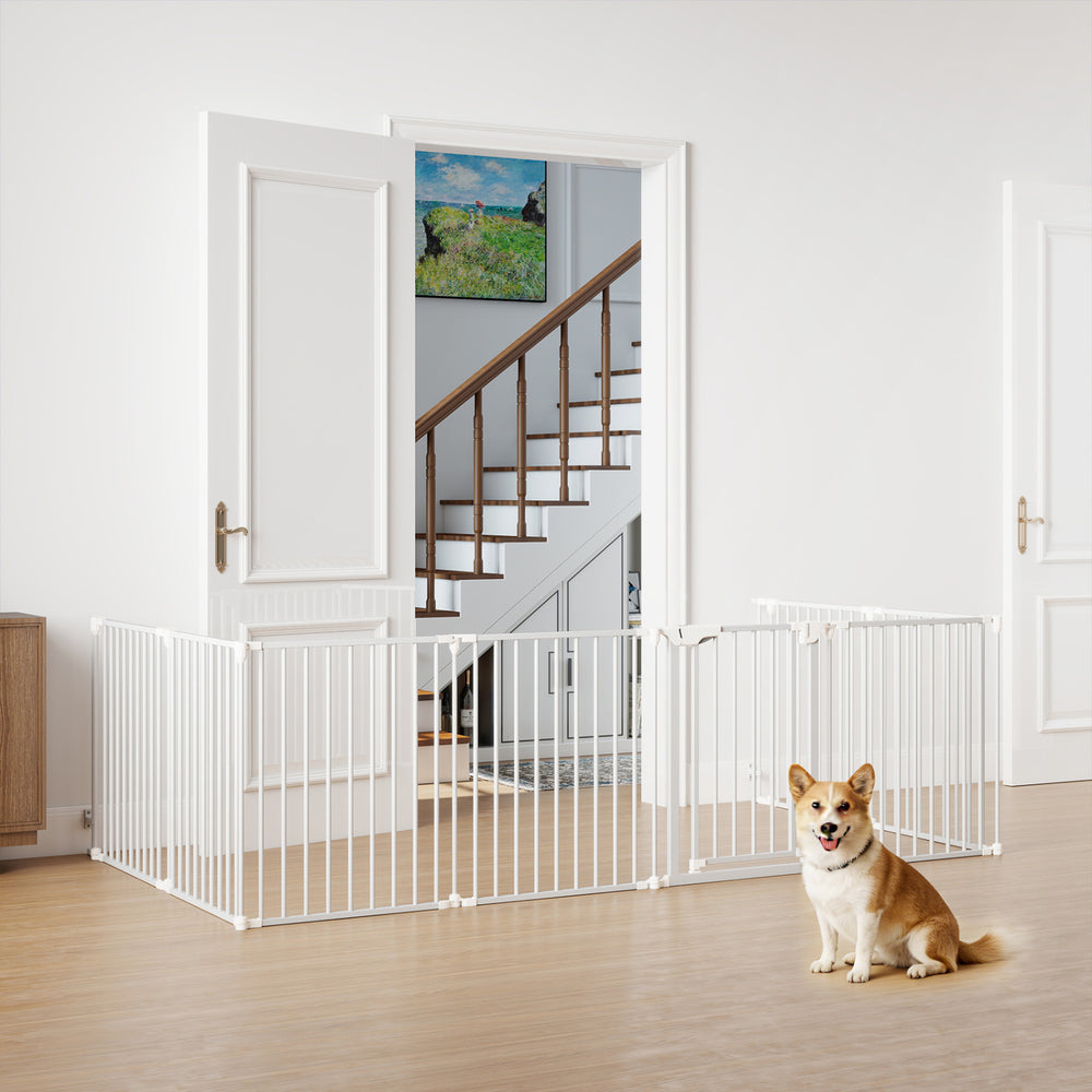 8-panel adjustable pet safety fence in white, featuring an auto-close door, ideal for keeping pets safe indoors.
