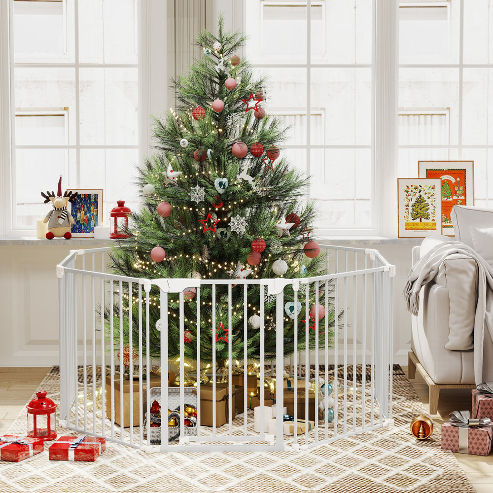 8-panel white baby gate with auto-close door, surrounding a Christmas tree for safety around kids and pets.