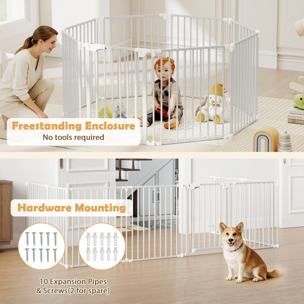 8-panel adjustable baby gate in white, freestanding design for safety, ideal for kids and pets in various room layouts.