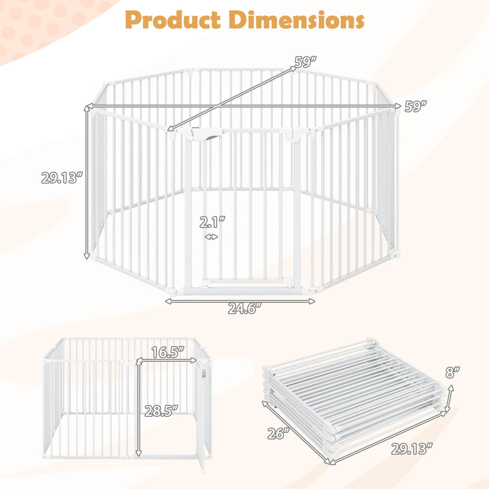 Dimensions of the 8-panel adjustable baby gate in white, showing width, height, and folding design for safety.