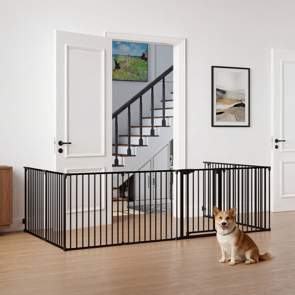 8-Panel Extra Wide Baby Gate Adjustable Pet Safety Fence with Auto-close Door-Black - Gallery View 1 of 10