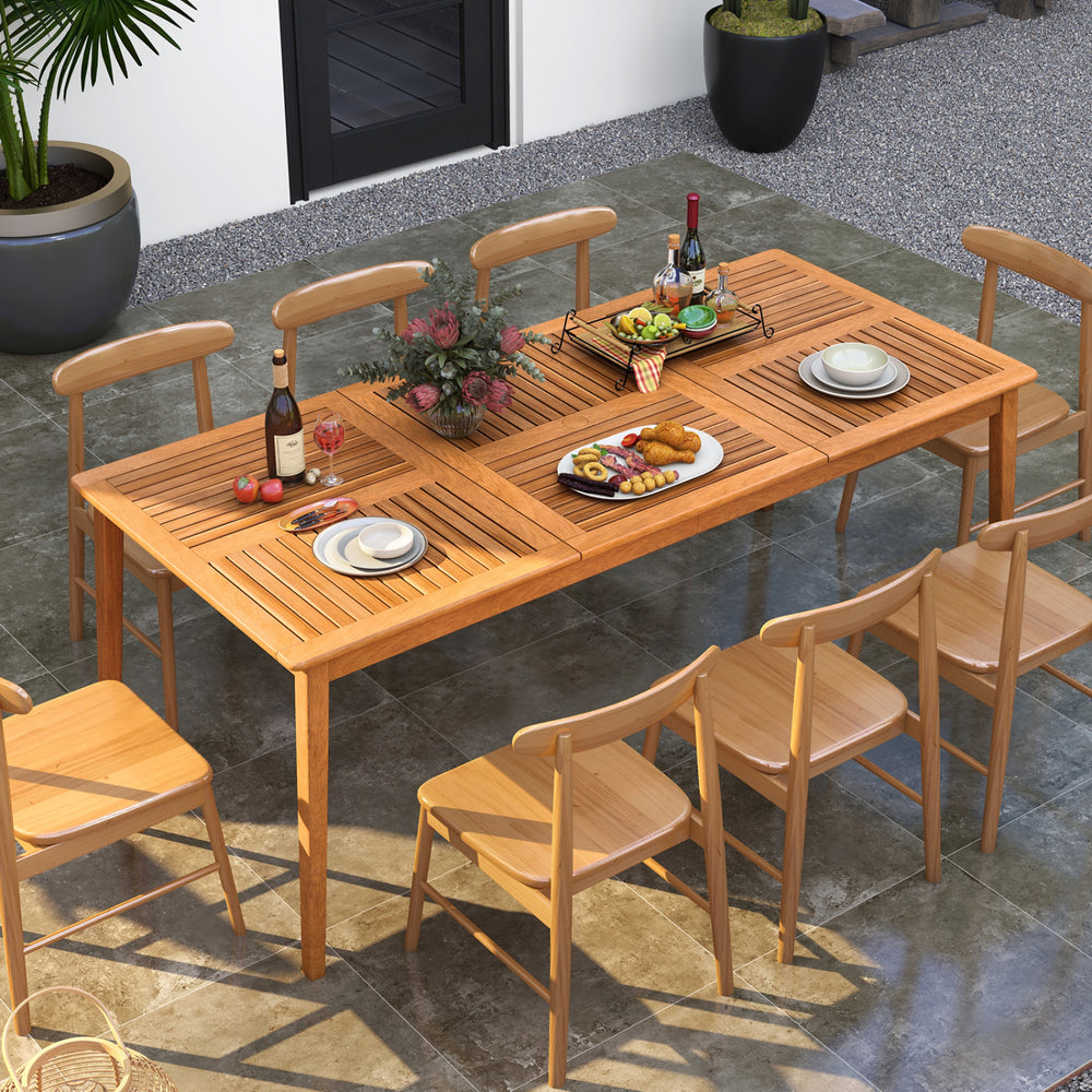 Rectangular acacia wood dining table for 8, featuring a natural finish and umbrella hole, ideal for outdoor gatherings.