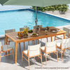 Rectangular acacia wood dining table for 8 with umbrella hole, perfect for outdoor gatherings by the pool.