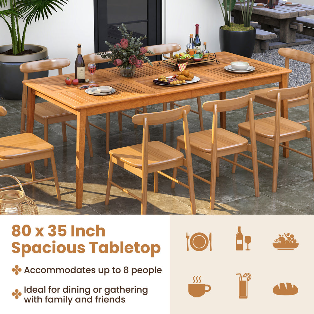 Rectangular 8-person outdoor dining table made of solid acacia wood, featuring an umbrella hole, ideal for gatherings.