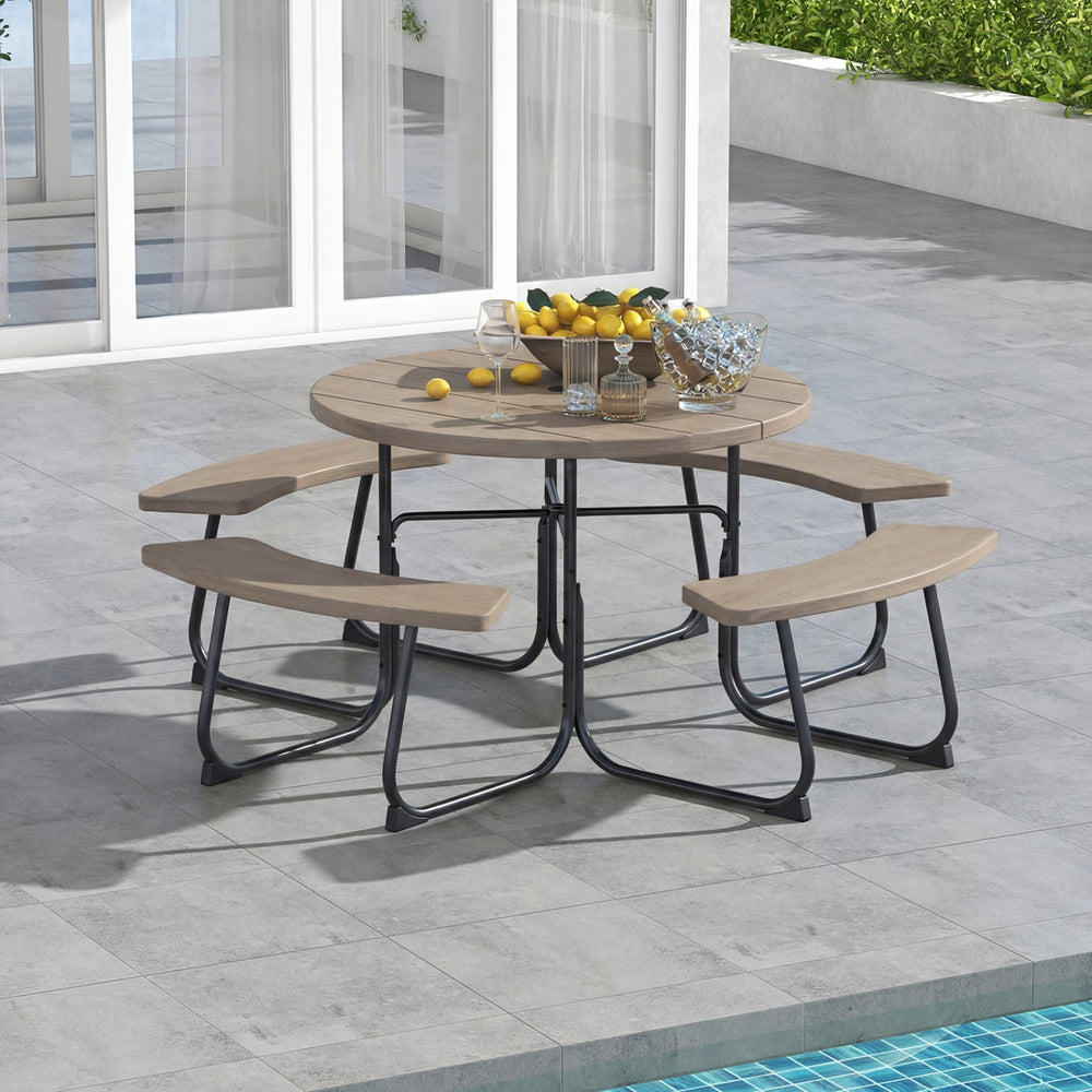 8-Person Outdoor Picnic Table and Bench Set with Umbrella Hole-Rustic Brown - Gallery View 1 of 11