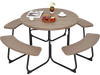 Round rustic brown picnic table with four benches, designed for 8 people, featuring an umbrella hole for outdoor.