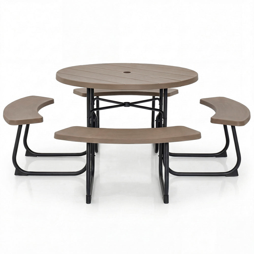 Round outdoor picnic table and bench set in rustic brown, designed for 8 people with an umbrella hole for gatherings.