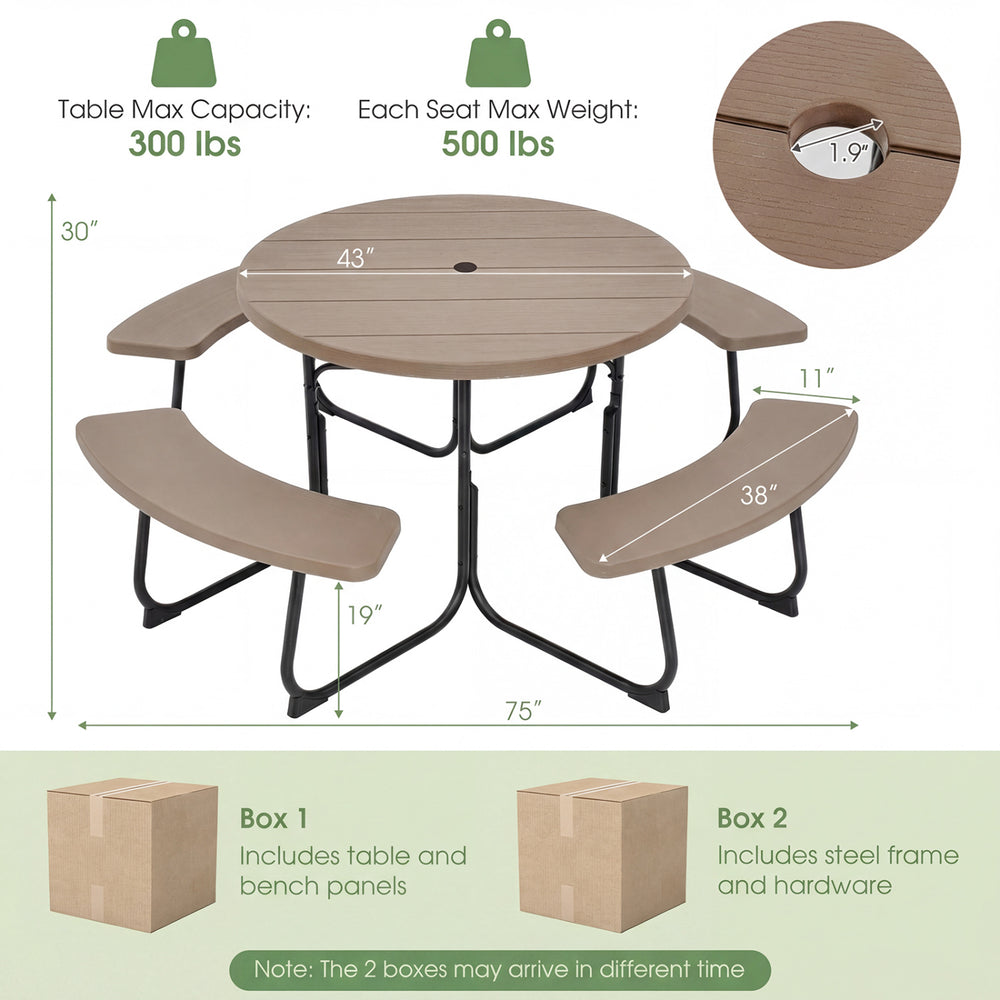 Rustic brown 8-person outdoor picnic table set with umbrella hole, featuring a durable HDPE top and metal frame.