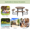 Rustic brown 8-person outdoor picnic table and bench set with umbrella hole, ideal for backyard gatherings and picnics.