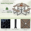 Round outdoor picnic table set in rustic brown with benches, featuring a sturdy metal frame and umbrella hole for.