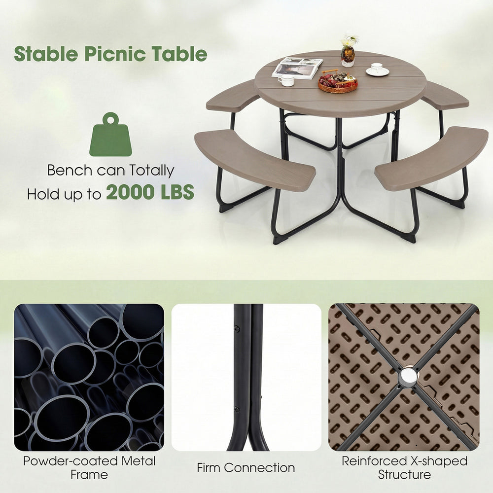 Round outdoor picnic table set in rustic brown with benches, featuring a sturdy metal frame and umbrella hole for.