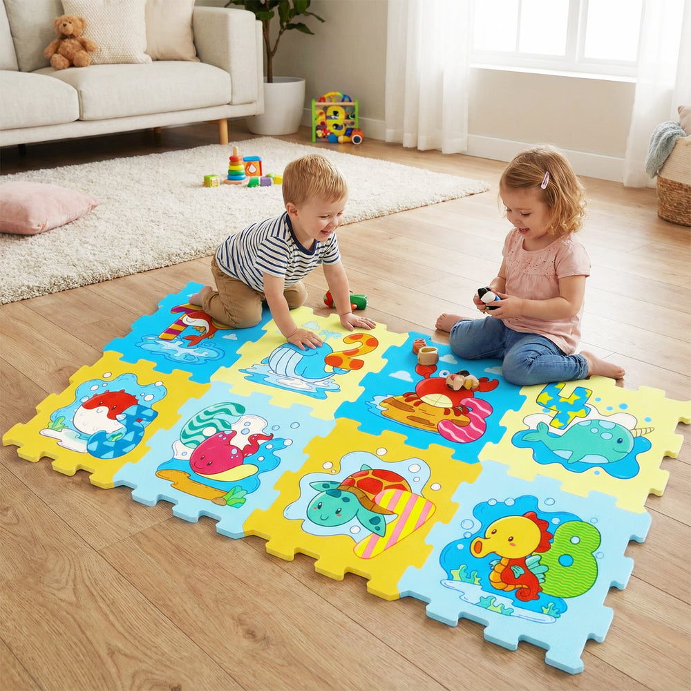 Colorful 8-piece educational interlocking baby play mat featuring animals and numbers, ideal for safe, interactive.