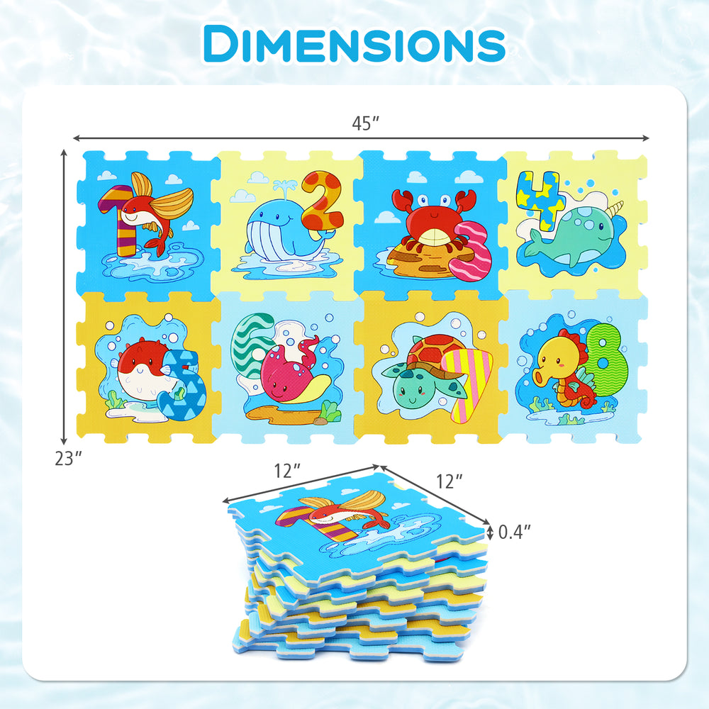 Dimensions of the 8-piece educational interlocking baby play mat showcasing vibrant animal and number designs for.