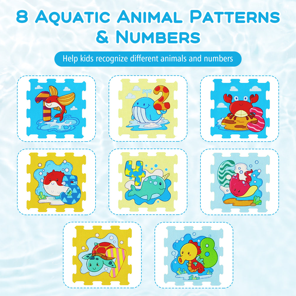 Colorful interlocking play mat featuring 8 aquatic animal patterns and numbers, promoting cognitive development and.