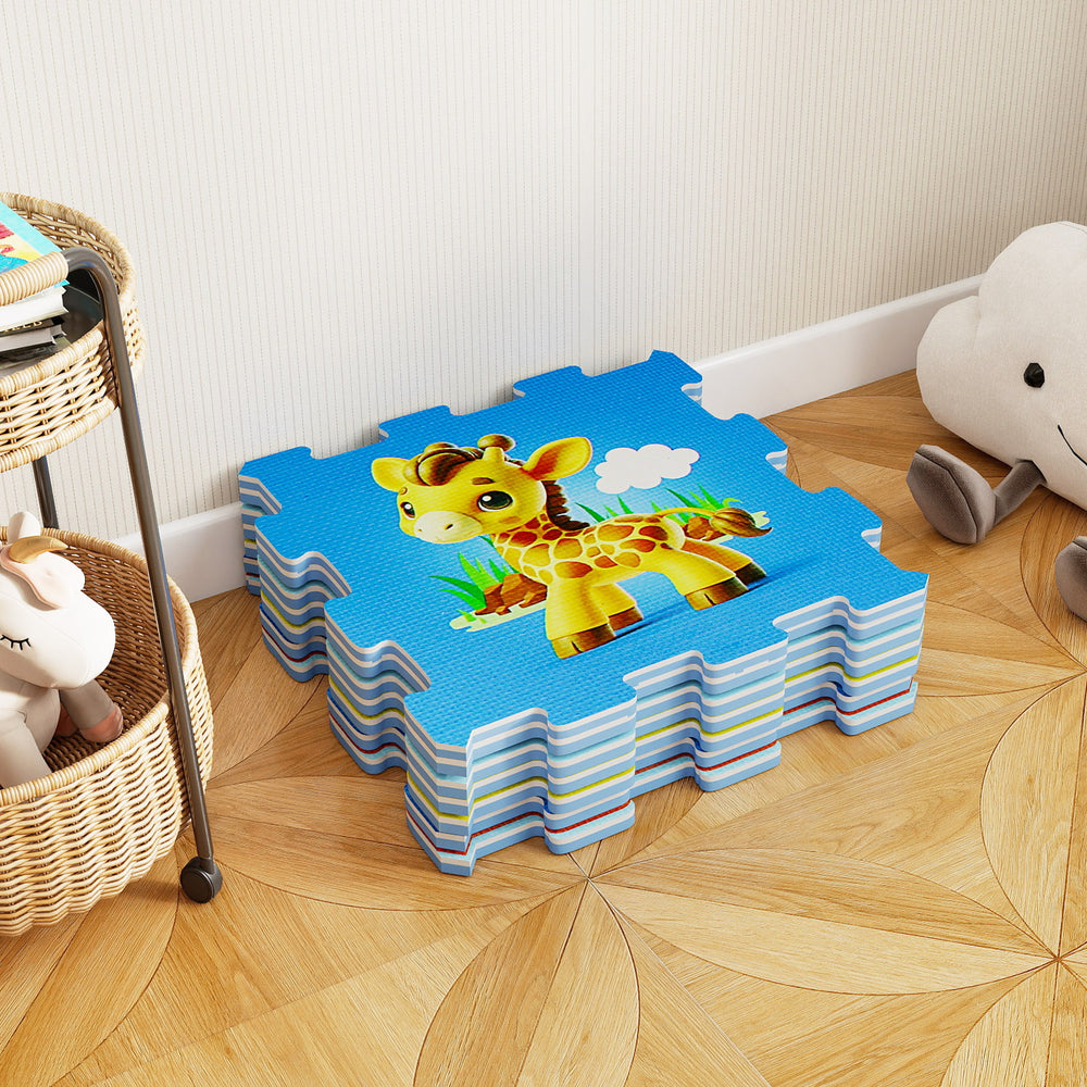 Colorful interlocking baby play mat featuring a giraffe design, made of thick EVA foam for safe, interactive play.