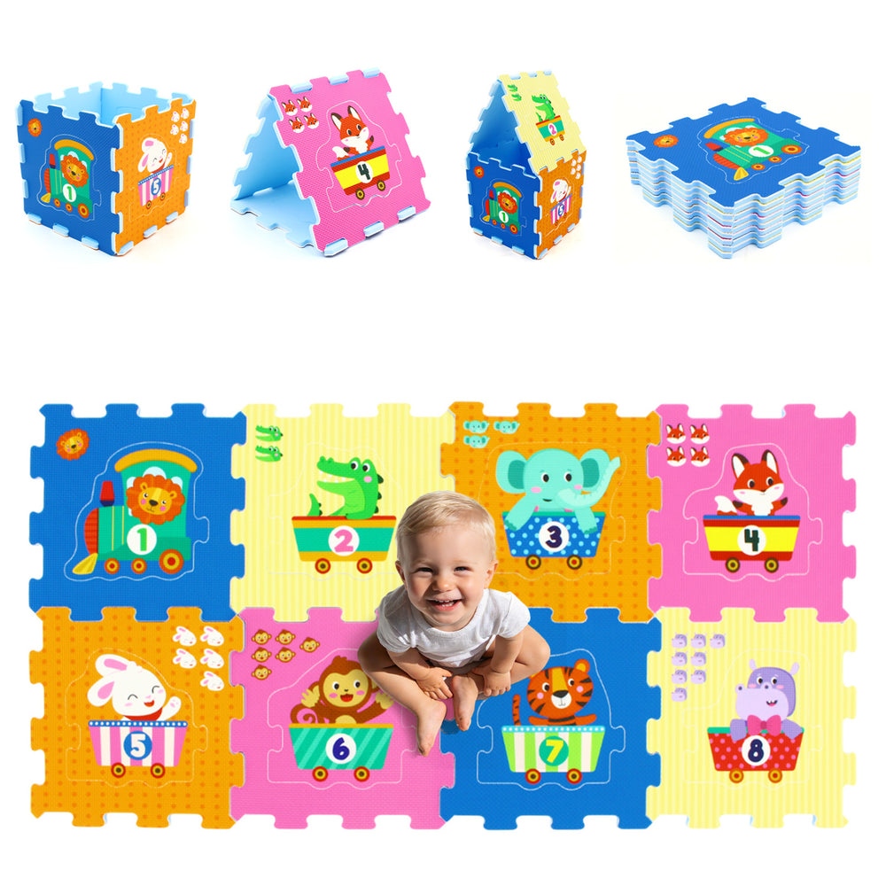 Colorful 8-piece interlocking baby floor puzzle tiles with animal patterns and numbers for educational playtime.
