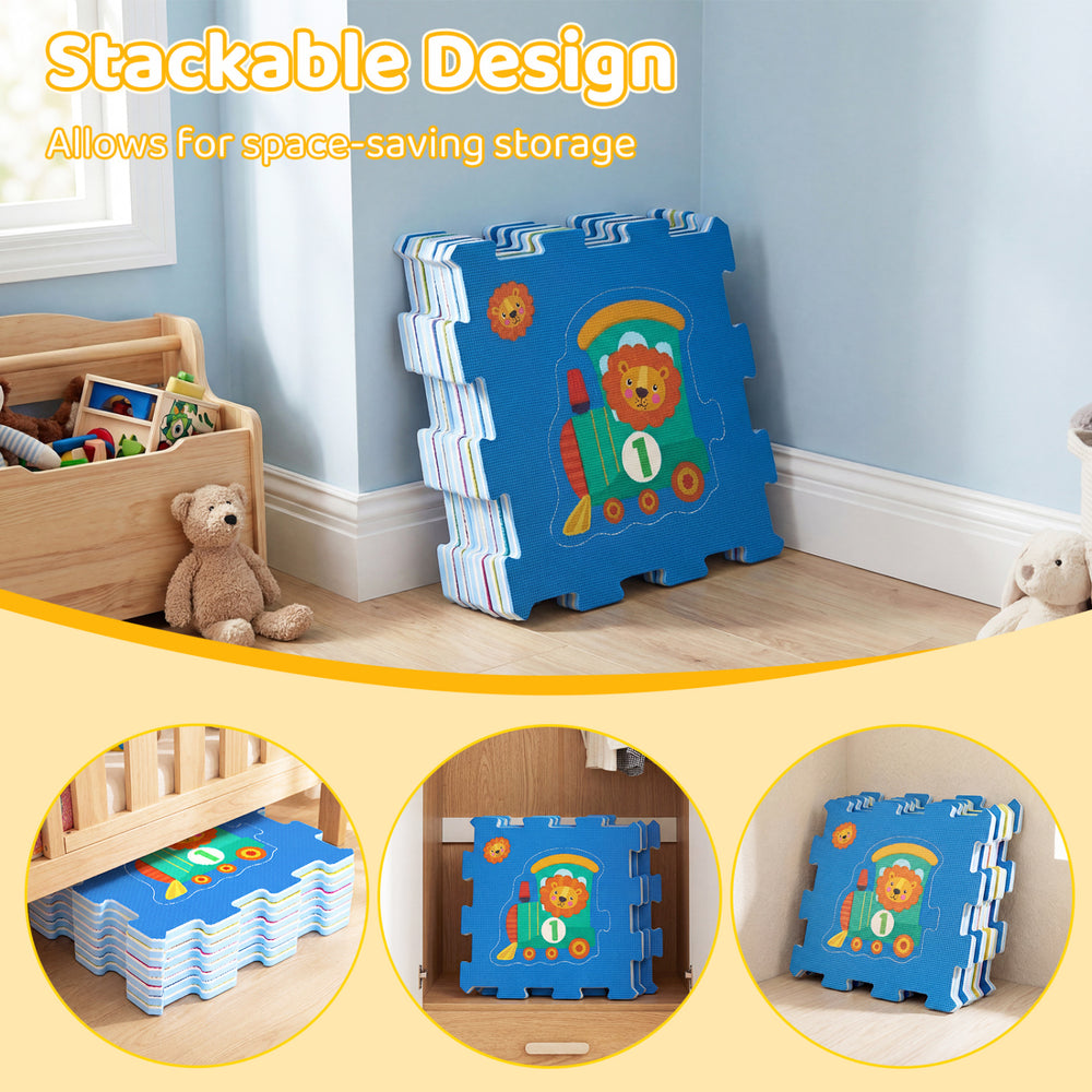8-piece interlocking baby floor puzzle tiles with animal patterns, stackable design for easy storage and playtime fun.