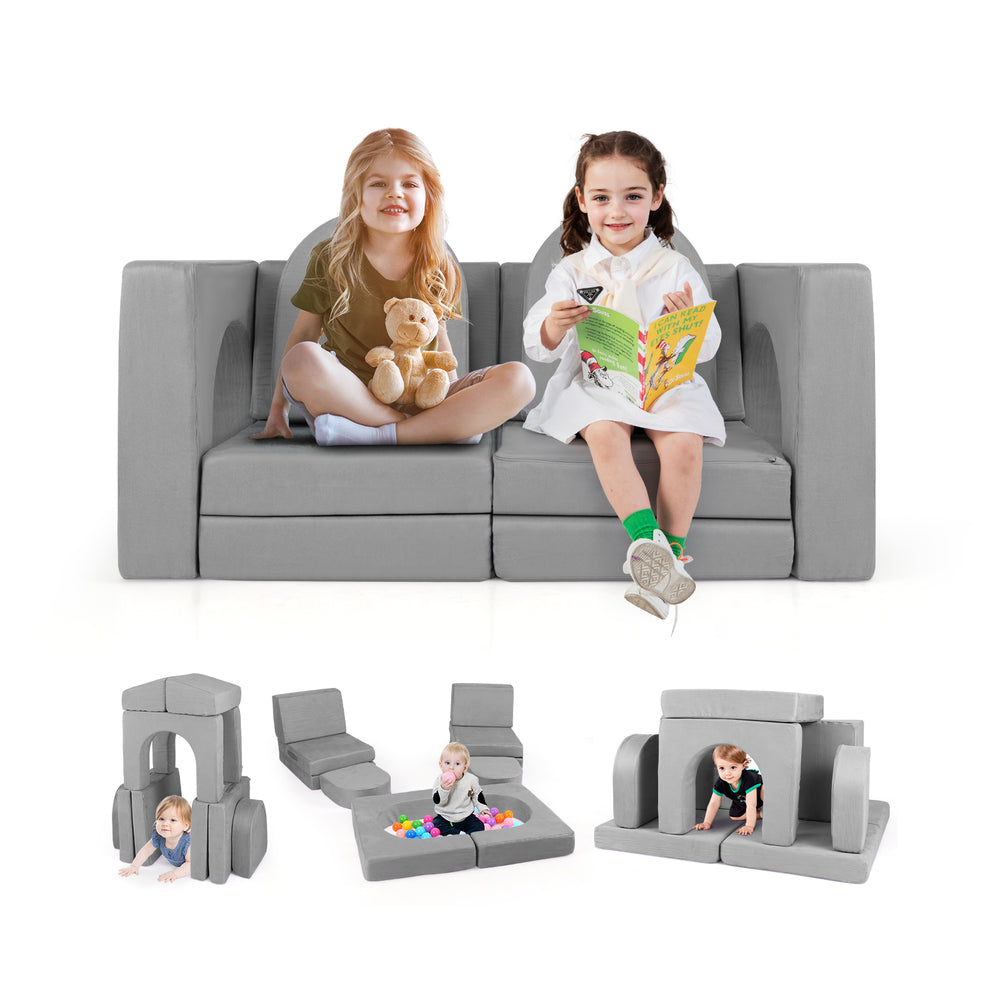 Modular kids play couch in gray suede with 8 pieces, featuring soft cushions for flexible configurations and easy.