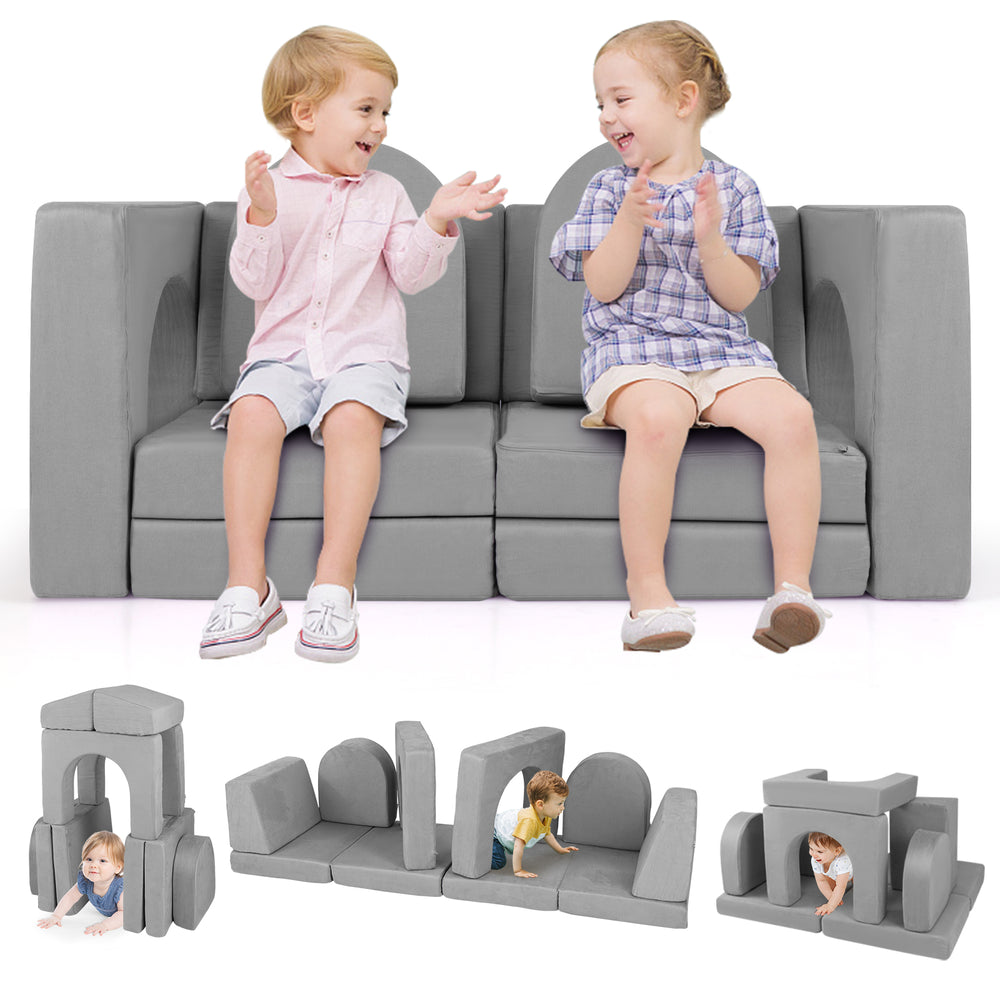 Modular kids play couch in gray, featuring 8 pieces of comfy suede fabric for flexible configurations and easy.