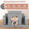 Modular kids play couch in gray with comfy suede fabric, featuring flexible configuration and removable washable covers.
