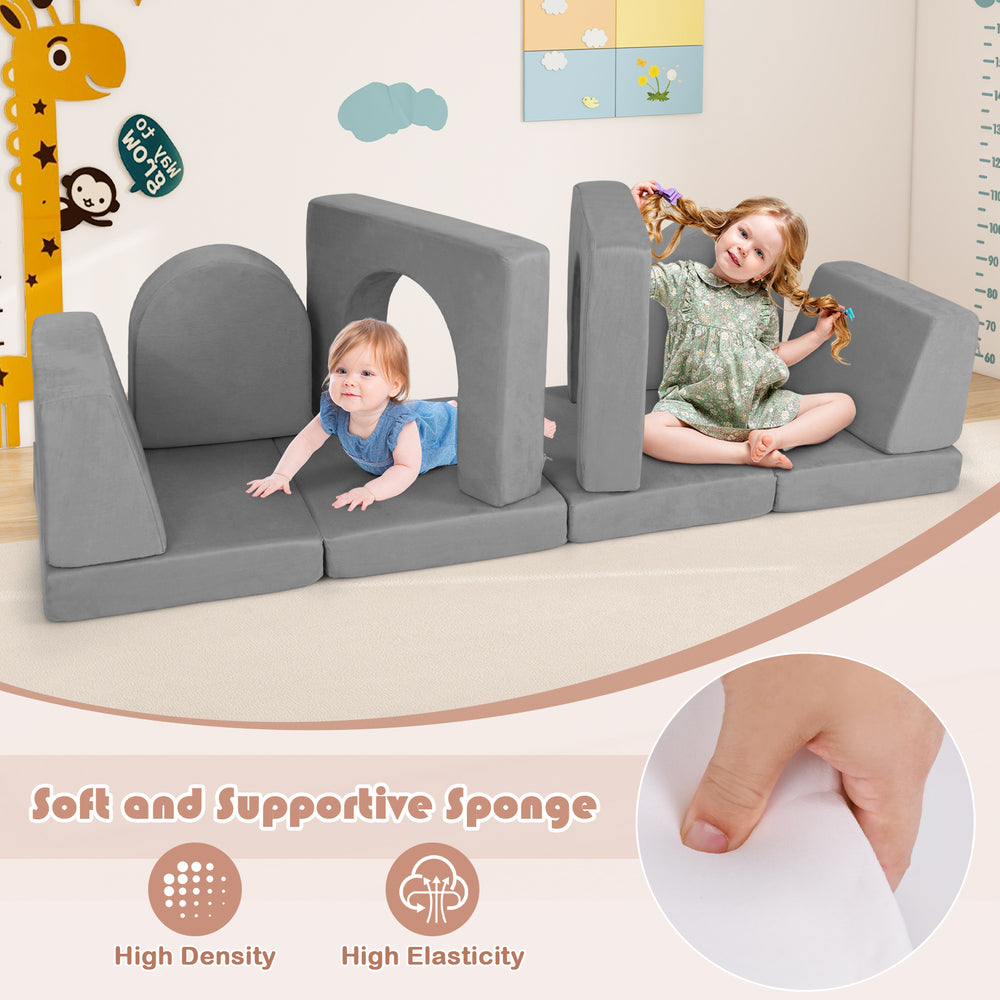 Modular 8-piece kids play couch in gray suede, featuring soft, high-elasticity sponge for safe, comfortable play.