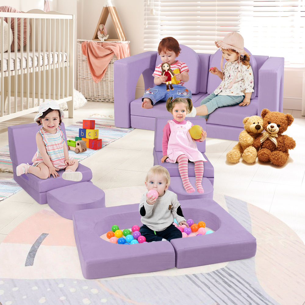 8-Piece Modular Kids Play Couch with Comfy Suede Fabric-Purple - Gallery View 1 of 9