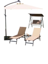 Chaise loungers and solar umbrella in a stylish outdoor setting, perfect for relaxation and dining by the pool.
