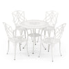 White bistro set featuring a round table and four chairs, crafted from durable cast aluminum for outdoor dining.