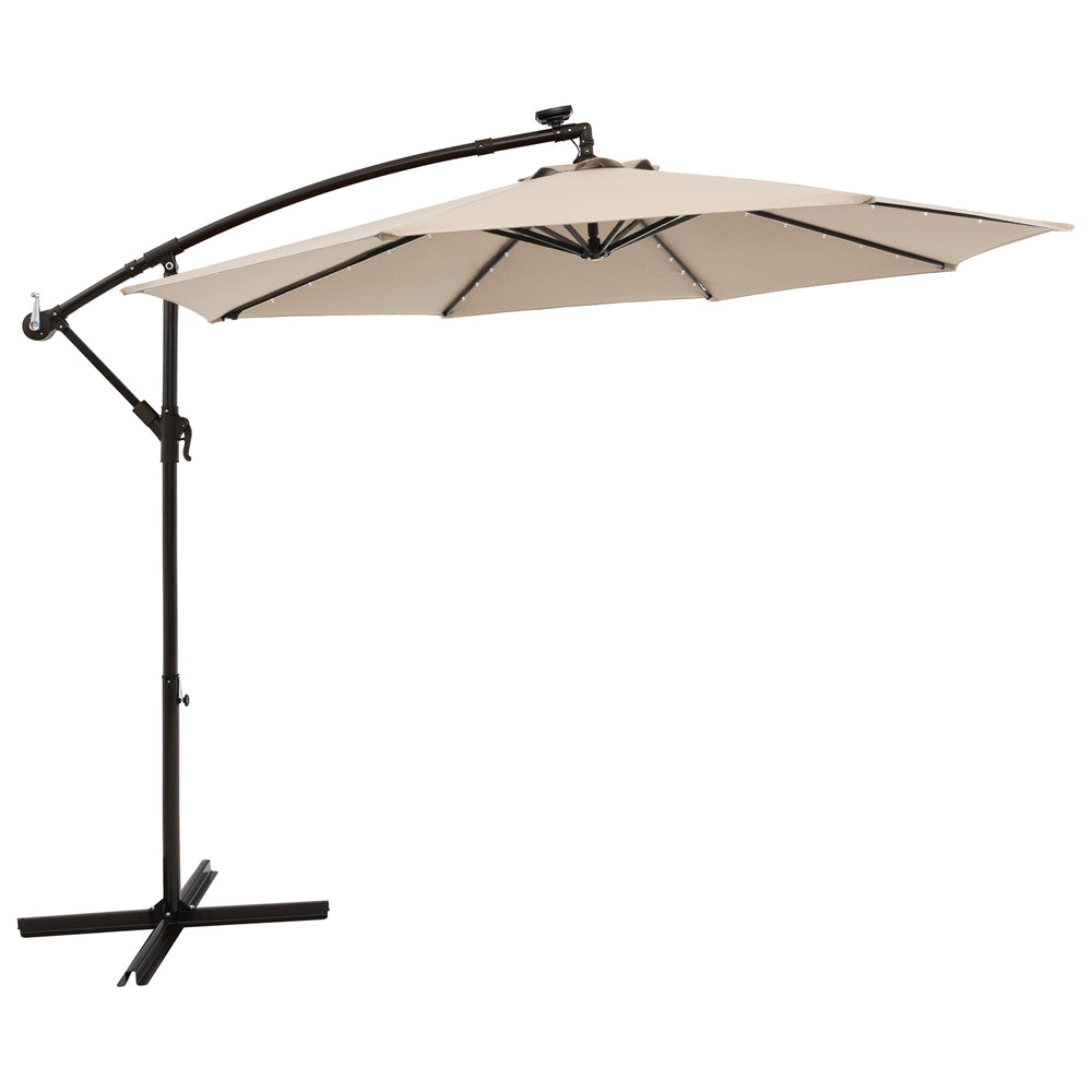 Adjustable solar umbrella with a beige canopy, perfect for outdoor dining and lounging in patios or balconies.