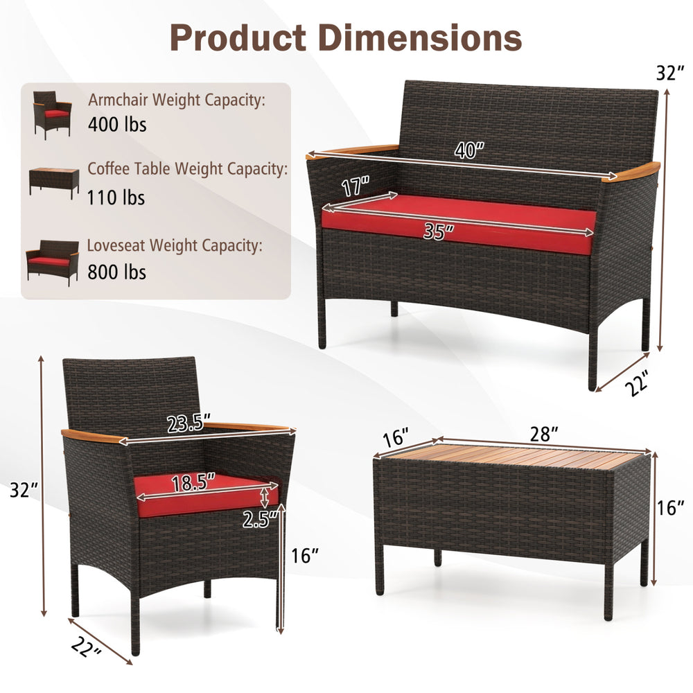 Product dimensions of the 8 Piece Patio Wicker Sofa Set, featuring robust metal frame and elegant acacia wood details.