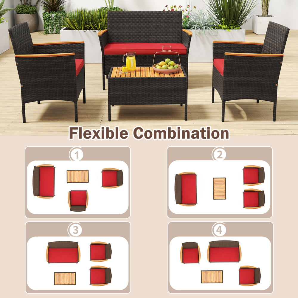 Flexible arrangement of the 8-piece patio wicker sofa set, showcasing two chairs and a loveseat with red cushions for.