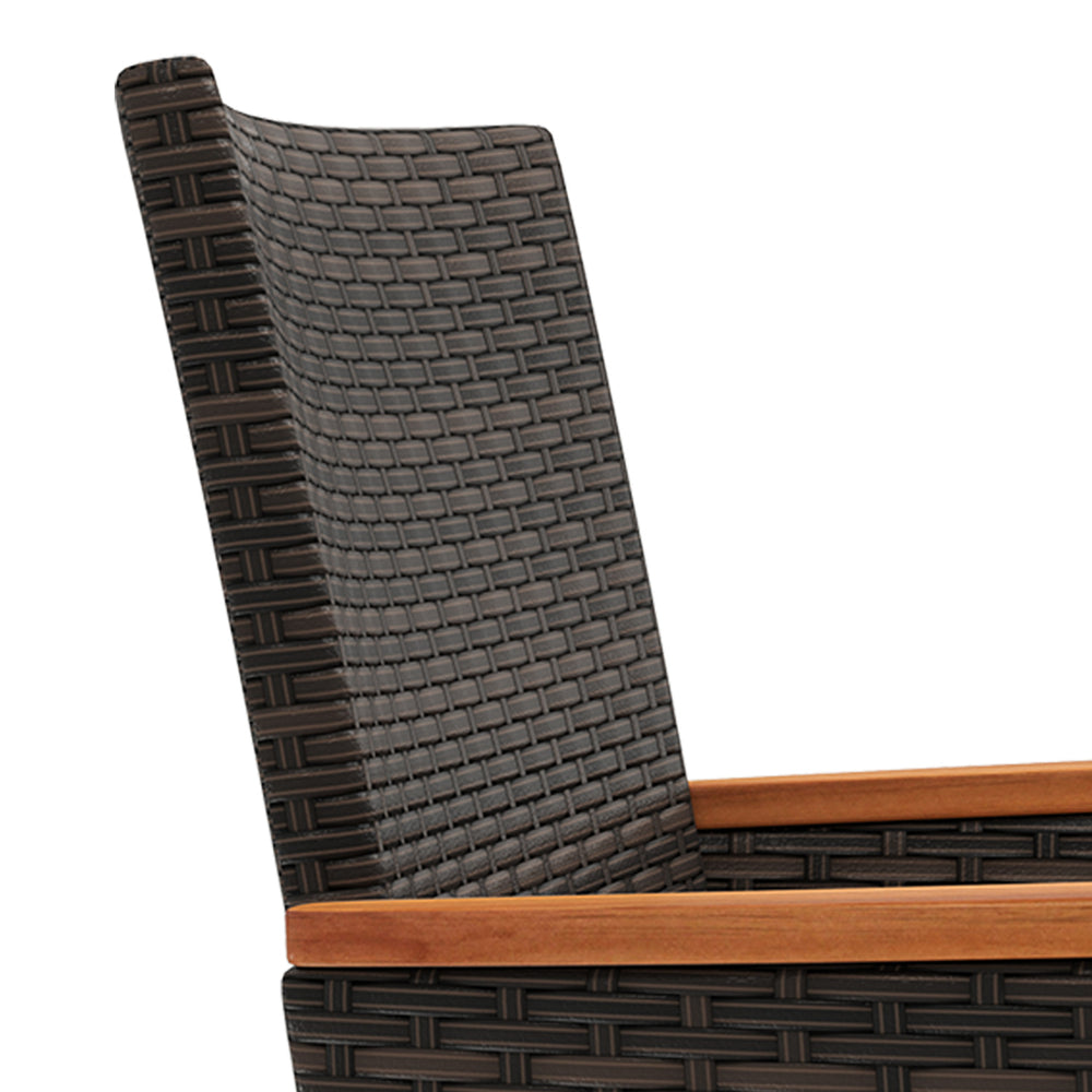 Close-up of the acacia wood armrest on a hand-woven PE rattan chair from the 8 Piece Patio Wicker Sofa Set.