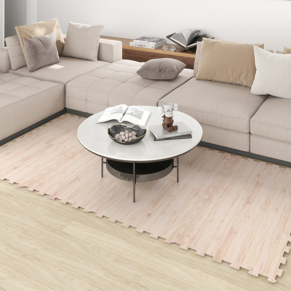 EVA foam floor tiles with wood texture, showcasing interlocking design for customizable coverage in living spaces.