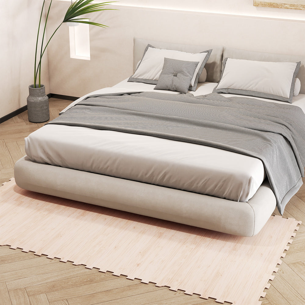 EVA foam floor tiles with wood texture, ideal for bedrooms, offering protection and easy cleaning with interlocking.