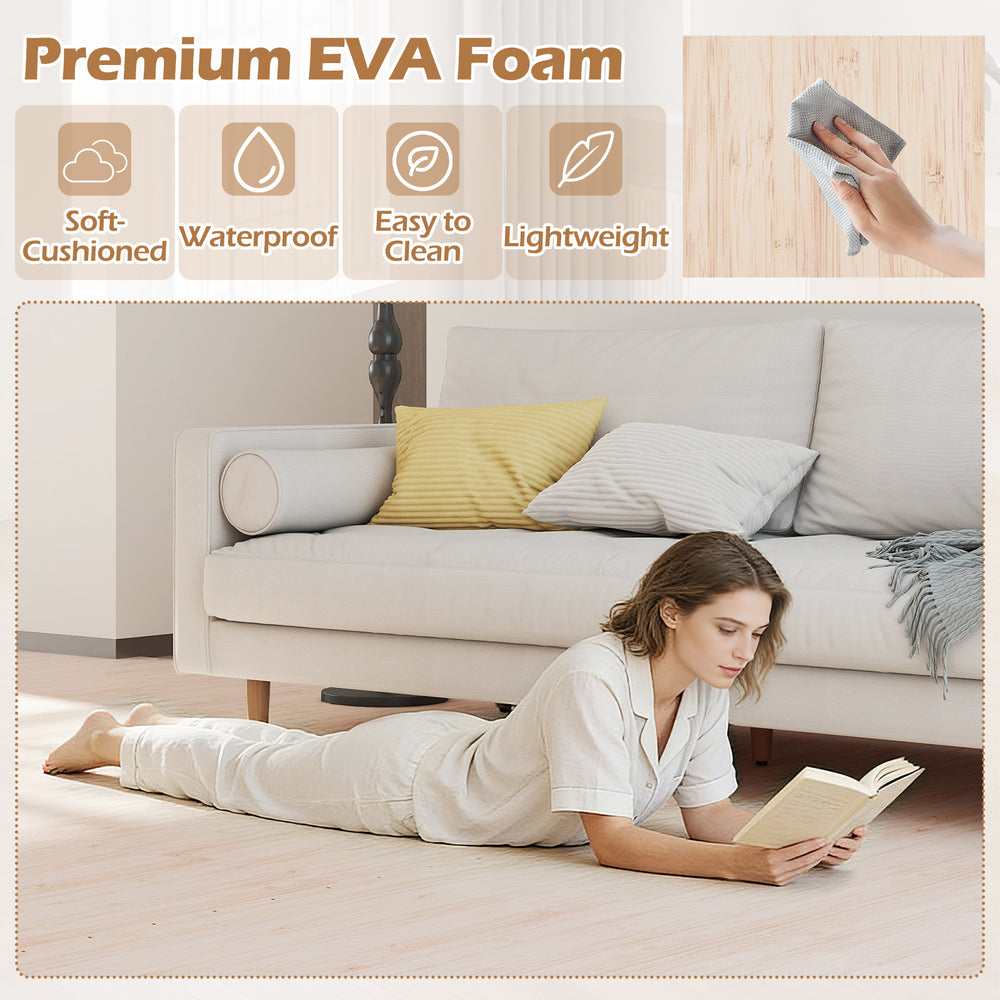 EVA foam floor tiles with wood texture, waterproof and lightweight, ideal for living rooms and gyms.