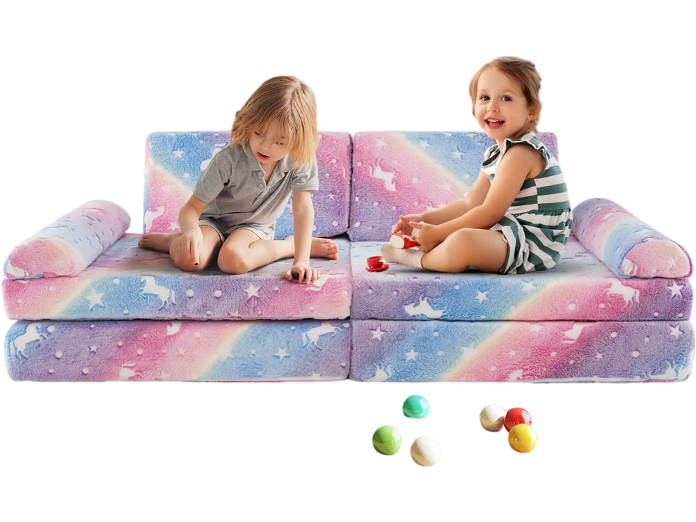 Modular kids play couch in multicolor with glow-in-the-dark patterns, perfect for creative play and cozy comfort.