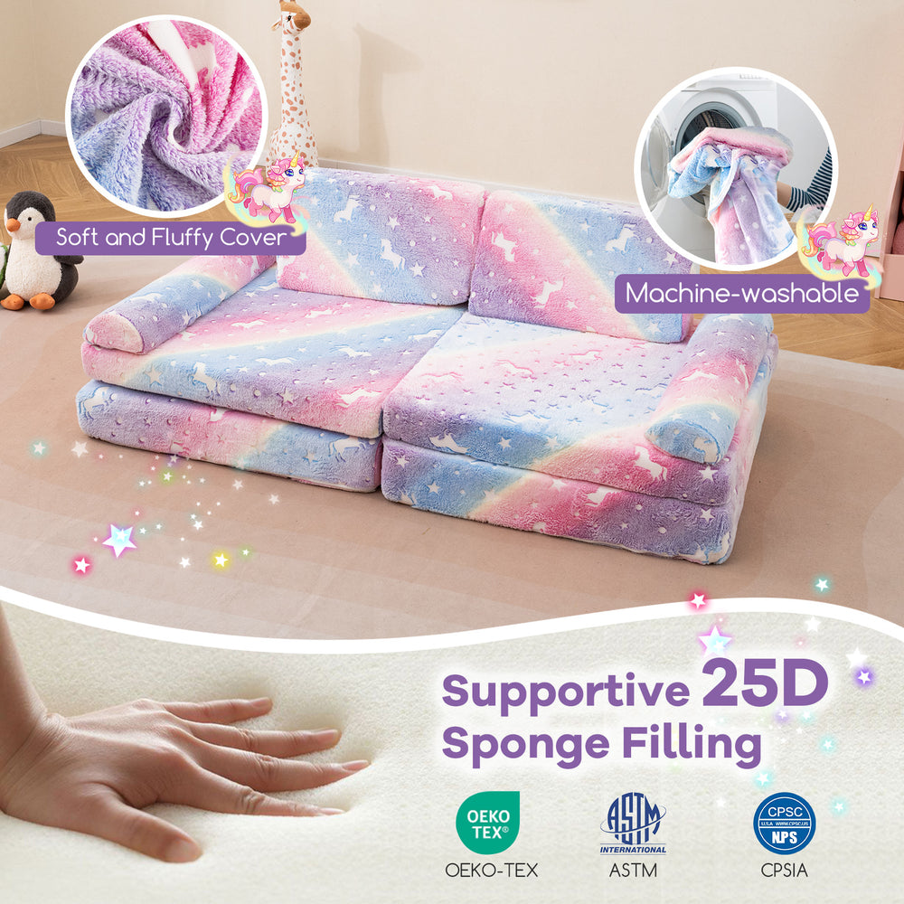 Modular kids play couch with glow-in-the-dark patterns, soft flannel cover, and supportive 25D sponge filling for.