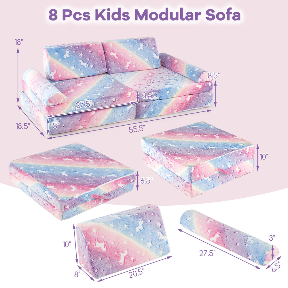 Modular kids play couch set with glow-in-the-dark patterns, soft flannel cover, and detachable pieces for creative play.