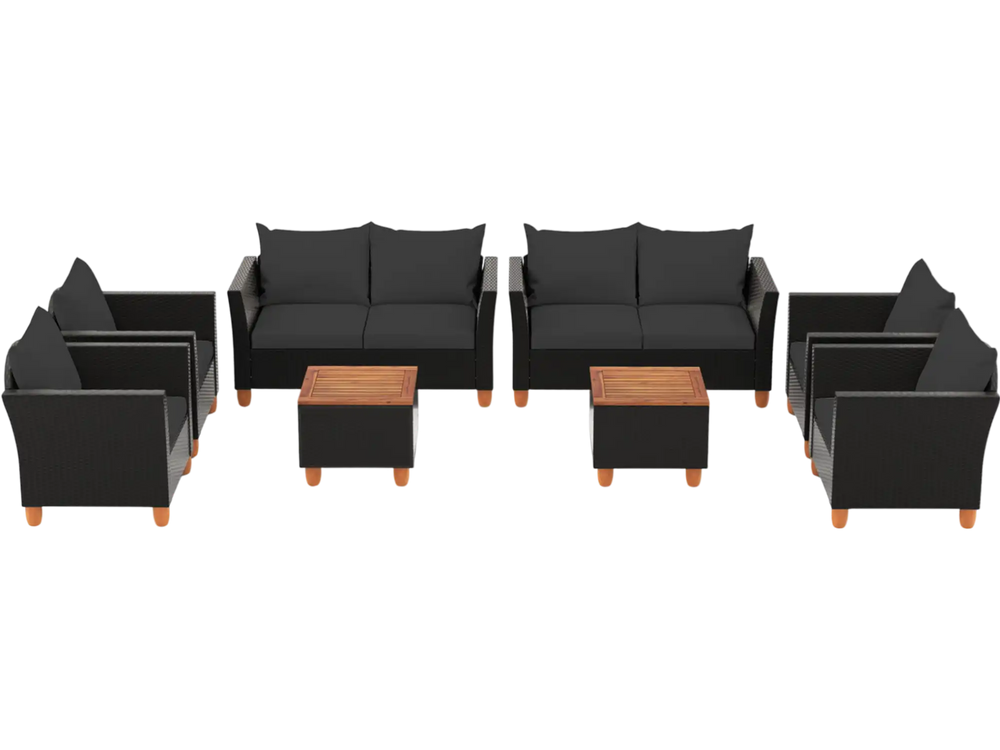 Outdoor conversation set featuring two loveseats, armchairs, and a storage coffee table with black PE rattan and acacia wood.