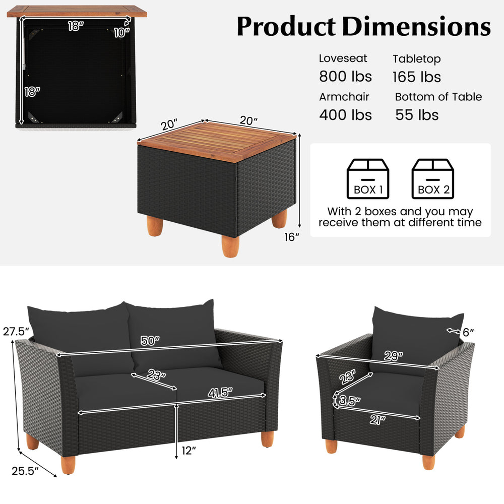 Outdoor conversation set featuring a storage coffee table with acacia wood top, PE rattan, and soft cushions for comfort.