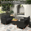 Outdoor conversation set featuring well-woven black PE rattan, soft cushions, and a versatile storage coffee table.