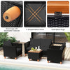 Outdoor conversation set featuring a black PE rattan design, soft cushions, and a storage coffee table with wood legs.