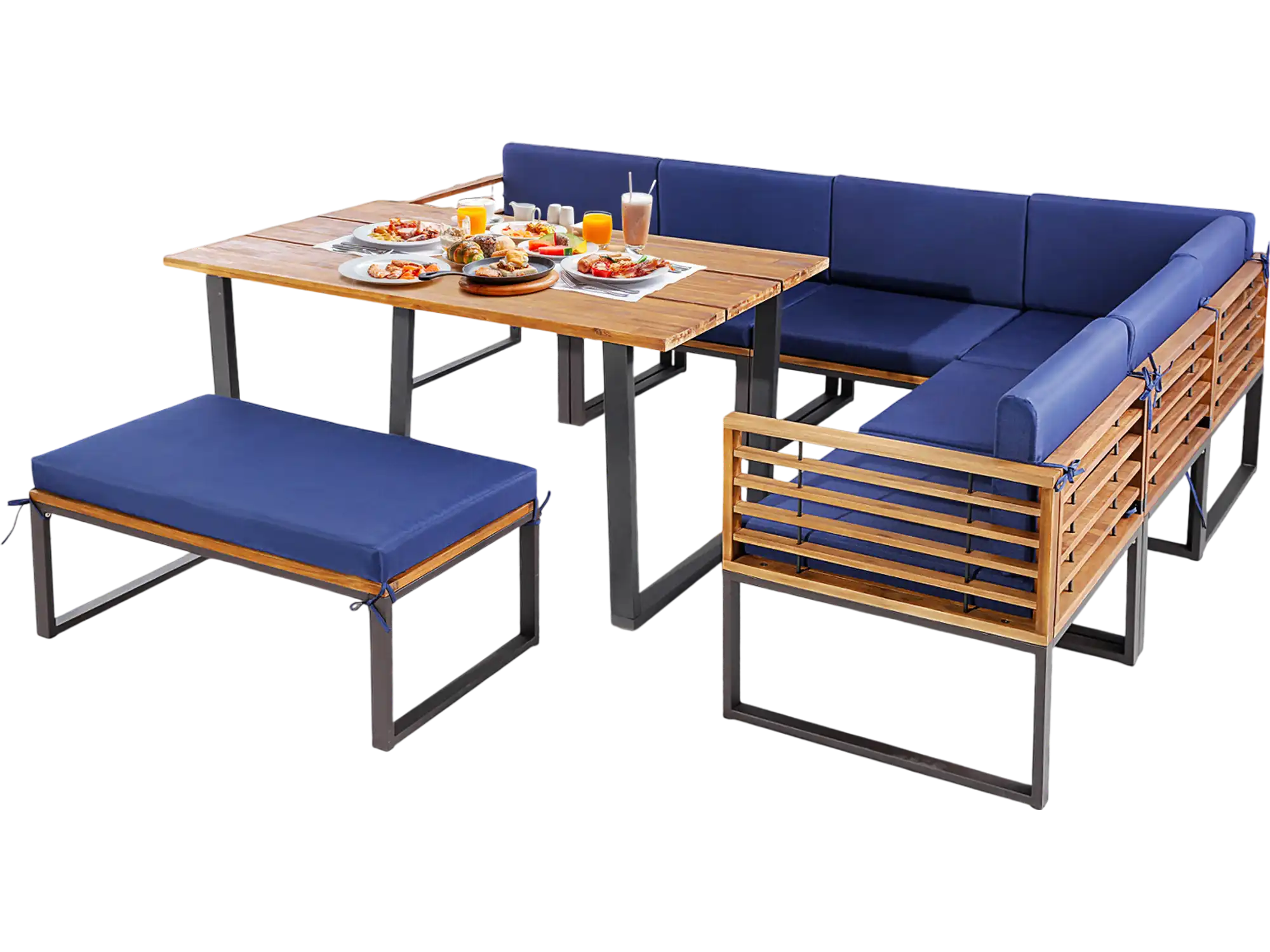 Costway 8-Pc Patio Acacia Wood Dining Table Set Ottoman Cushions Navy 37915462 New