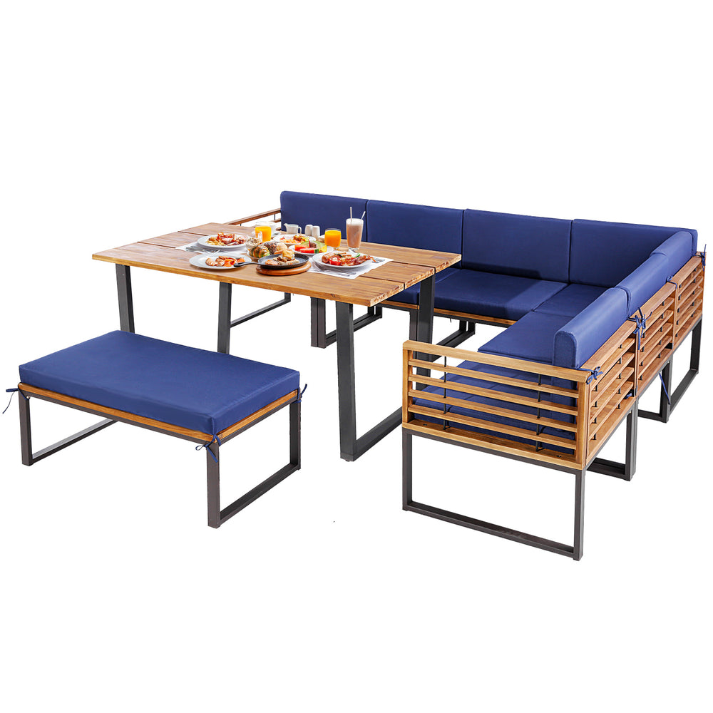 8-piece patio dining set featuring acacia wood table and navy cushions, perfect for backyard gatherings and outdoor.