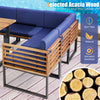 L-shaped patio dining set featuring durable acacia wood and navy cushions, ideal for outdoor relaxation and gatherings.