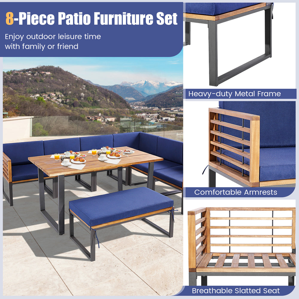 8-piece patio dining set featuring durable acacia wood, navy cushions, and heavy-duty metal frame for outdoor.