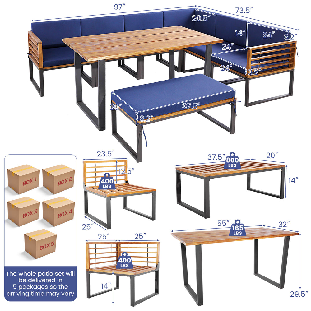 8-piece patio dining set featuring acacia wood table, navy cushions, and ottoman for backyard relaxation.