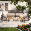 Eight-piece patio furniture set featuring acacia wood coffee table and zippered cushions, perfect for outdoor relaxation.