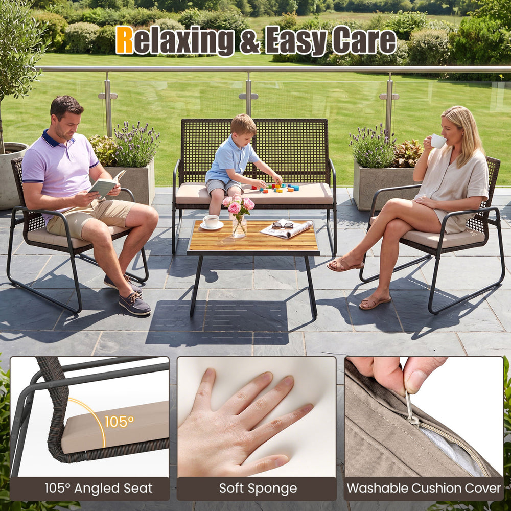 Patio furniture set featuring a solid acacia wood coffee table, zippered cushions, and breathable PE rattan for outdoor comfort.