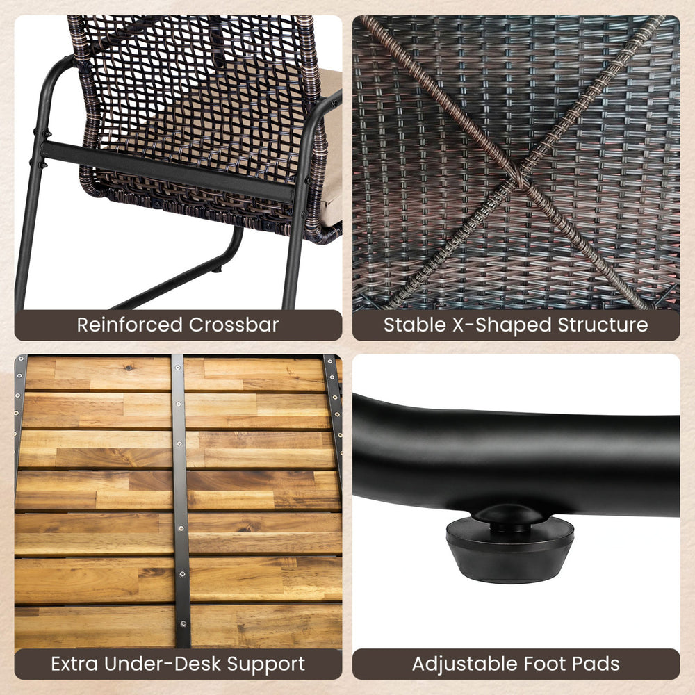 Detail of the stable X-shaped structure and reinforced crossbar of the 8-piece patio furniture set with acacia wood.